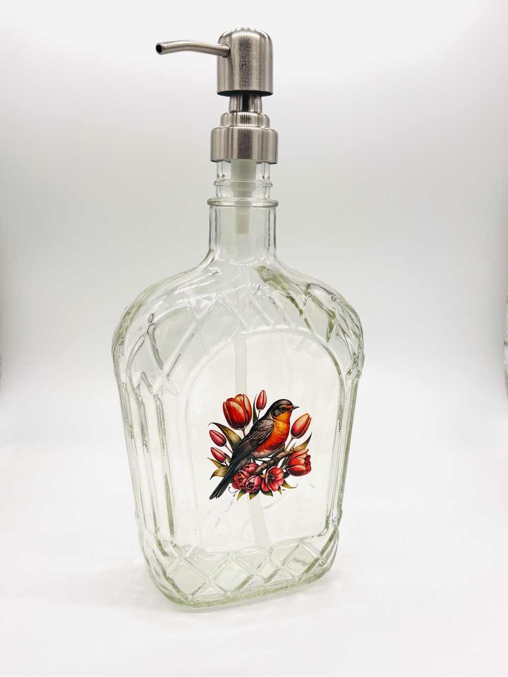 Upcycled Crown Royal Glass Soap Multi-Use Dispenser • Robin Bird Red Tulips